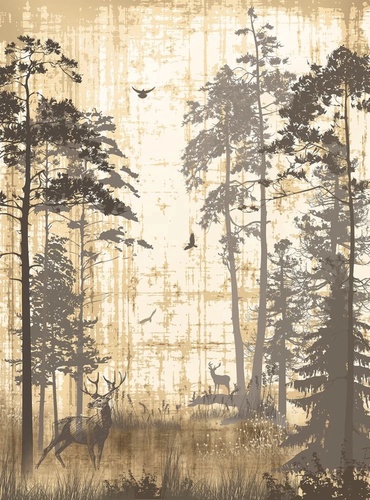 в детскую комнату, лес, деревья, сосны, желто-зеленая, олень