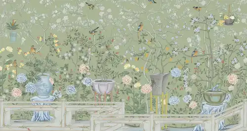 шинуазри, сад, зеленые, на салатовом фоне, с птицами, с цветами, с вазами