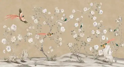 шинуазри, сад, на бежевом фоне, с белыми розами, с птицами