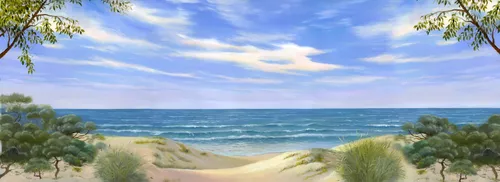 морской пейзаж, голубые, синие, морские, песчаный пляж, белый песочек, тропические, солнечные, зеленые, ветви, берег моря, песочные цвета, песок, горизонт, небо, вид на море, зелень, райский вид