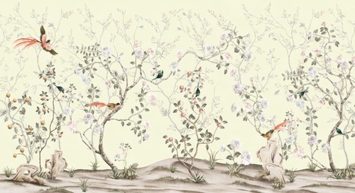 шинуазри, сад, на салатовом фоне, с цветными птицами