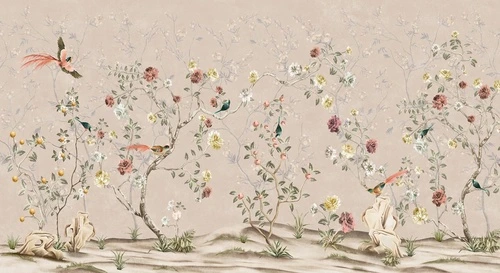 шинуазри, сад, с тропическими птицами, с цветами, бежевые