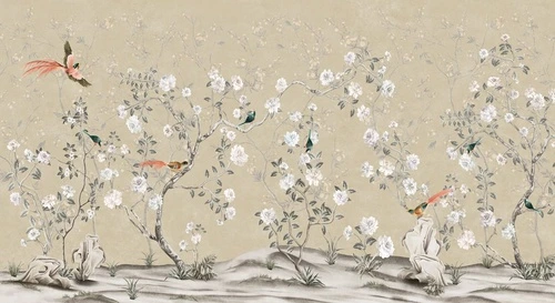 сад, шинуазри, бежевые, с птицами, с розами, с цветами