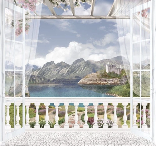 пейзаж, окно, горы, 3д