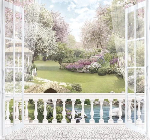 пейзаж, сад, с сакурой, с лебедями, 3д, лес