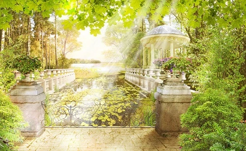 пейзаж, мост, зелень, лес, с вазонами, с балясинами, река, 3д