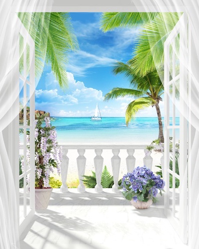 пейзаж, окно, море, пальмы