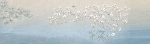 шинуазри, сад, голубые, в бежевых тонах, с птицами, с деревьями, с цветами