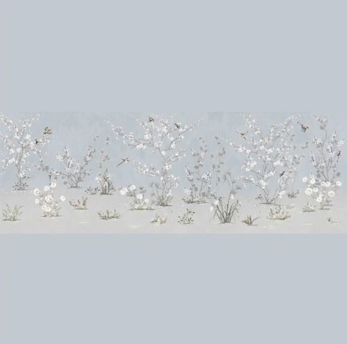 шинуазри, сад, на голубом фоне, с птицами, с деревьями, с цветами