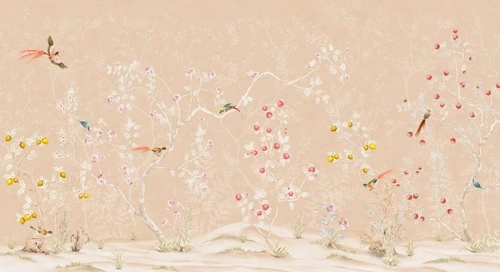 шинуазри, сад, с птицами, с цветам, на персиковом фоне