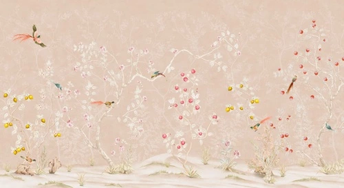 шинуазри, сады, на розовом фоне, с цветами и птицами