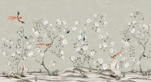 шинуазри, сады, на сером фоне, с яркими птицами