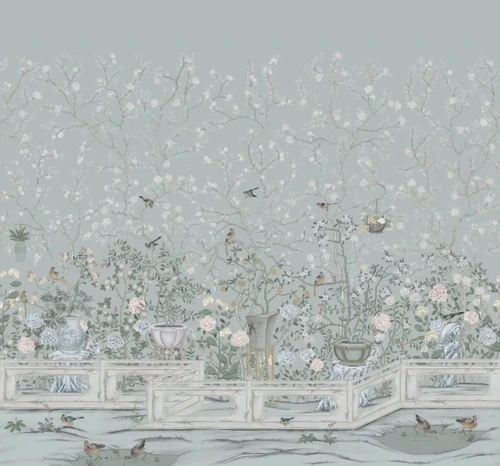 шинуазри, сад, на серо-голубом фоне, с птицами и цветами, с деревьями