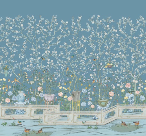 шинуазри, сады, на синем фоне, с забором, с птицами, вазы, с цветами