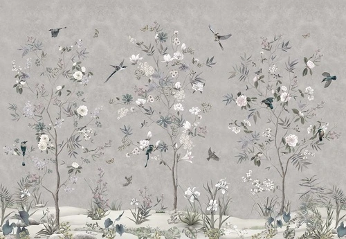 шинуазри, на сером, белые цветы, деревья, птицы