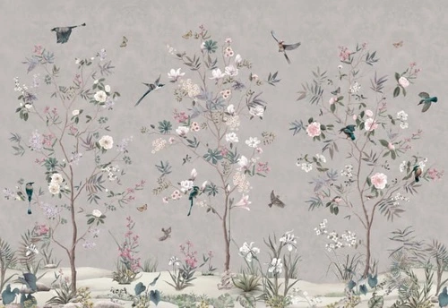 шинуазри, на сером фоне, сад, деревья с цветами и птицами