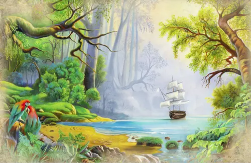 тропический лес, кусты, тропики, океан, корабль, деревья, цветы, листья, лес, попугаи, лианы, берег, живопись, песок, тропические листья, трава, море, природа, пара, яркий