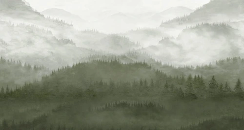 современные, горы в тумане, зеленые, 3д