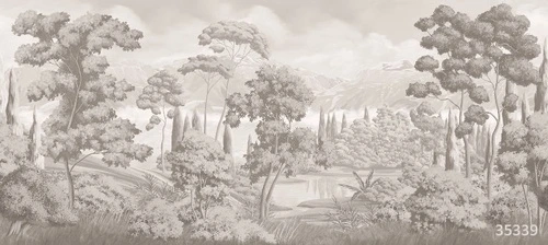 пейзаж, деревья, сосны, парк, бежевые, сепия, 3д, лес