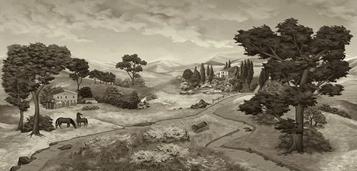 пейзаж, серо-зеленый, с деревьями, с лошадями, 3д