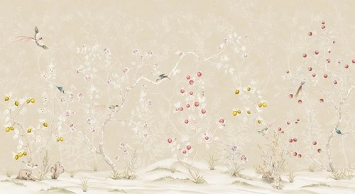 шинуазри, сад, с деревьями, с птицами, с цветами, на бежево-розовом фоне