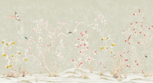 шинуазри, сад, на сером, с деревьями и цветами, китайские