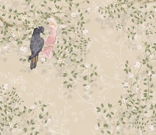 шинуазри, ветки, с птицами, цветы и листья, попугаи