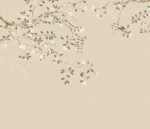 шинуазри, сад, на бежевом, ветки, с птицами