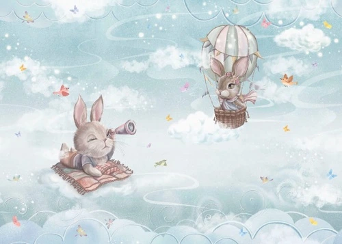 в детскую комнату, на голубом фоне, зайчики, кролики, детские