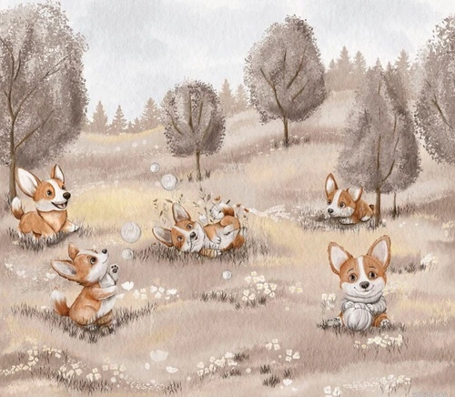 в детскую комнату,  на бежевом фоне, корги, собачки, детские