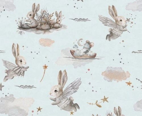 в детскую комнату, голубые, на голубом фоне, зайчики и облака, детские
