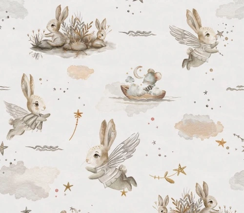 в детскую комнату, на кремовом фоне, молочные, зайчики и облака, детские