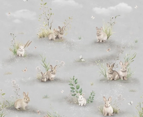 в детскую комнату, на сером фоне, кролики, стрекозы, детские