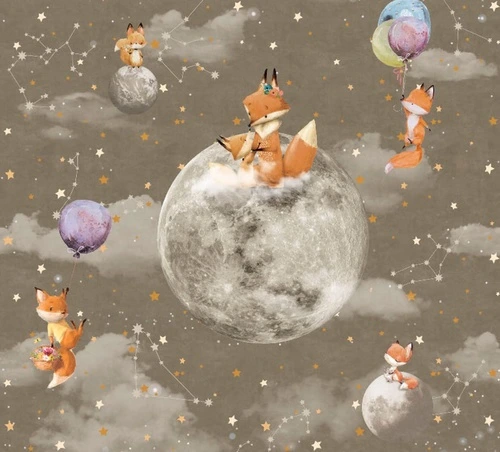 в детскую комнату, на коричневом фоне, лисята, планеты, детские