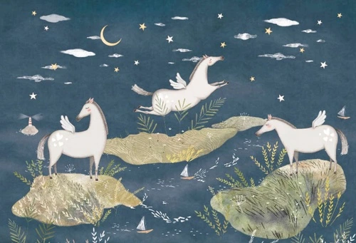 в детскую комнату, лошадки, на синем фоне, детские