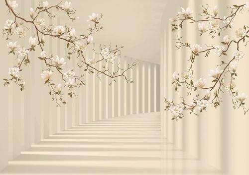 цветы, ветки магнолий, колонны, коридор, 3д