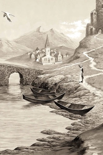 графика, города, лодки, бежевые