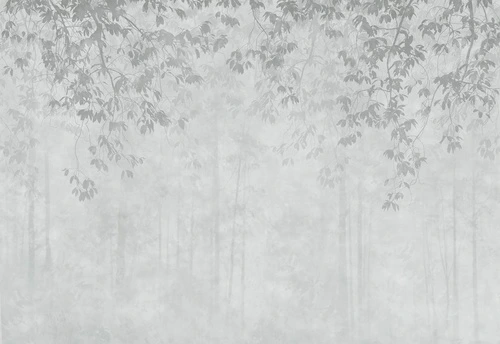 современные, серо-бирюзовые, стволы в тумане, ветки с листьями