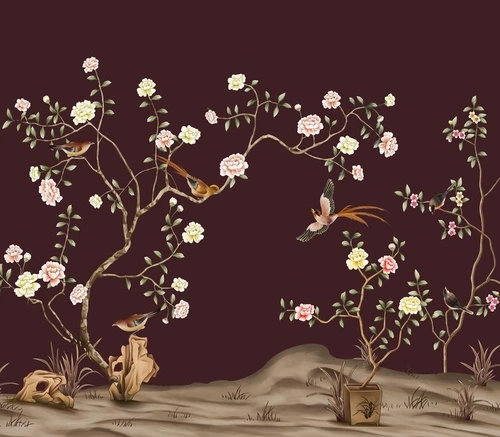 шинуазри, сад, на бордовом фоне