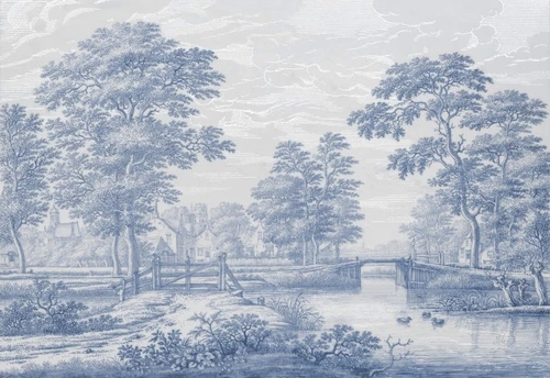 пейзаж, синие, деревья, река, старинные, лес