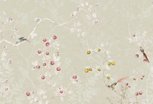 шинуазри, сад, на серо-зеленом фоне, птицы, цветы, фрукты