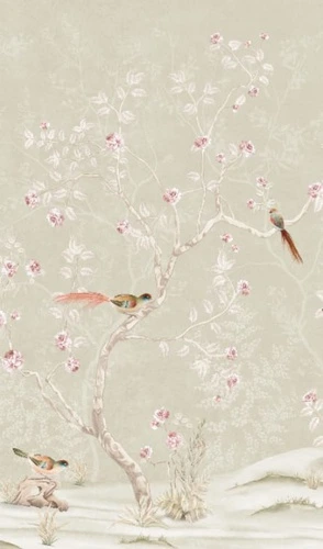 шинуазри, сад, серо-зеленые,  дерево, с птицами, с цветами