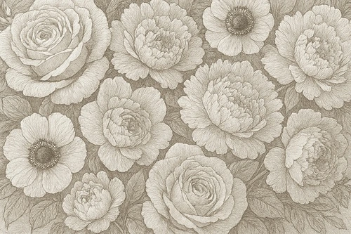 цветы, винтаж, гравюра, ботаника, пионы, розы, анемоны, монохром, старинный стиль