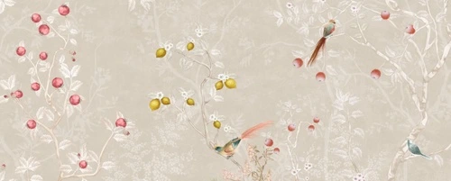 шинуазри, сад, бежевые, с фруктами, с цветами, с птицами