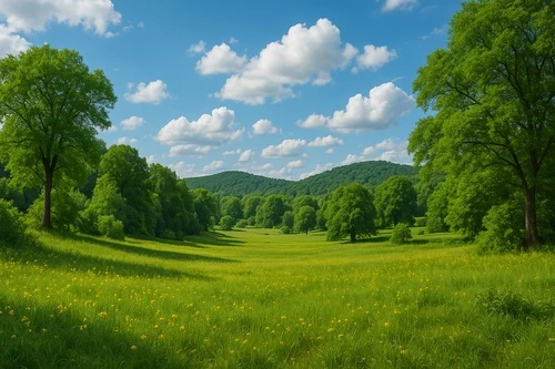 природа, пейзаж, луг, лес, холмы, сельская местность, зелень, дикие цветы, солнечный свет, живописный