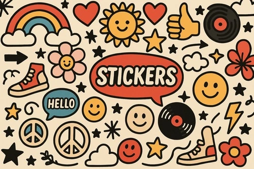 наклейки, цветные, мультяшные, дудлы, поп-арт, ретро, детские, весёлые, иконки, декоративные