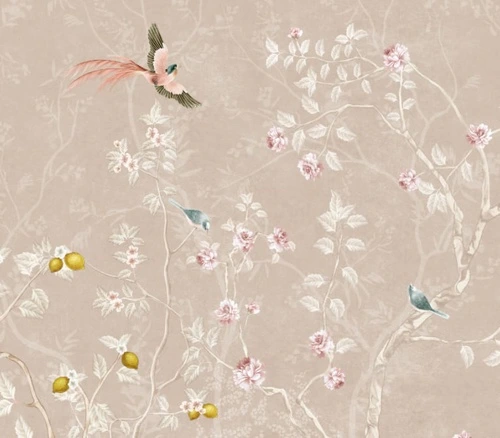 шинуазри, сад, бежевые, с яркими птицами