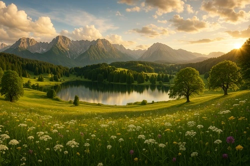 природа, горы, лес, озеро, панорама, солнечный свет