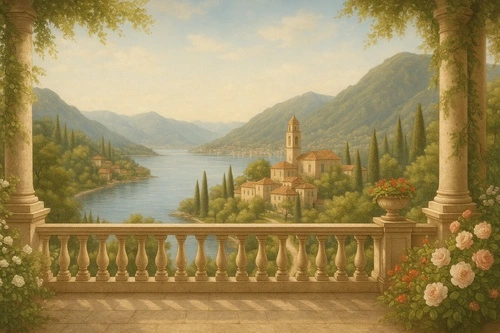 италия, вид на озеро, средиземноморье, терраса, пейзаж, деревня, природа, архитектура