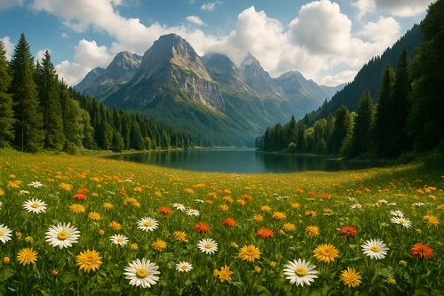 природа, луг, озеро, полевые цветы, горы